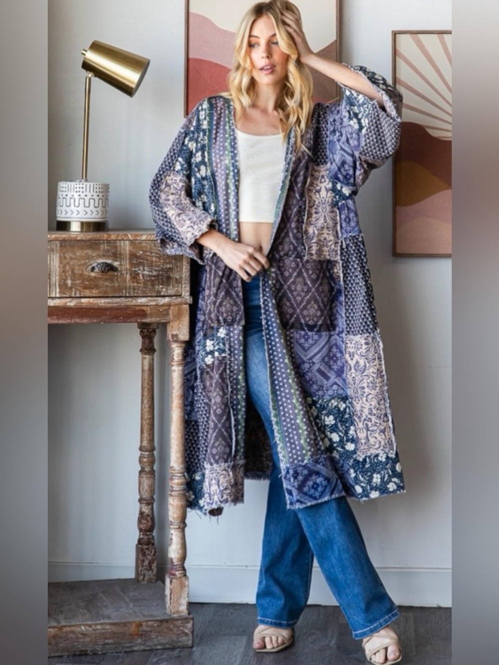 Boho Patchwork Duster by Oli & Hali- Blue & Cream NWOT